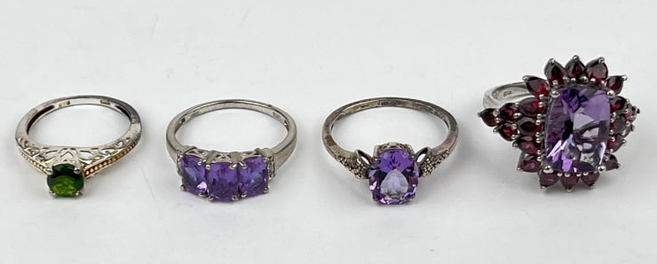 (4) 925 Sterling Silver Rings featuring Green and Purple Gemstones. Total Weight: 15.03 grams (1 of 1)