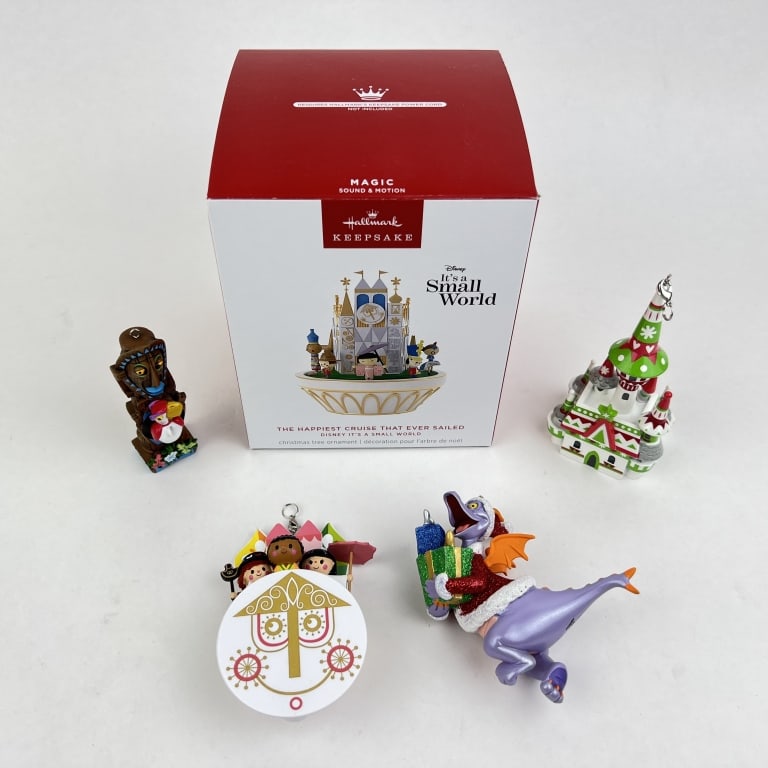 (5) Disney Parks Ornaments: (5) Disney Parks ornaments including Hallmark Keepsake It's A Small World The Happiest Cruise That Ever Sailed ornament (requires Hallmark's Keepsake Power Cord), Figment holding Presents ornament, Jo