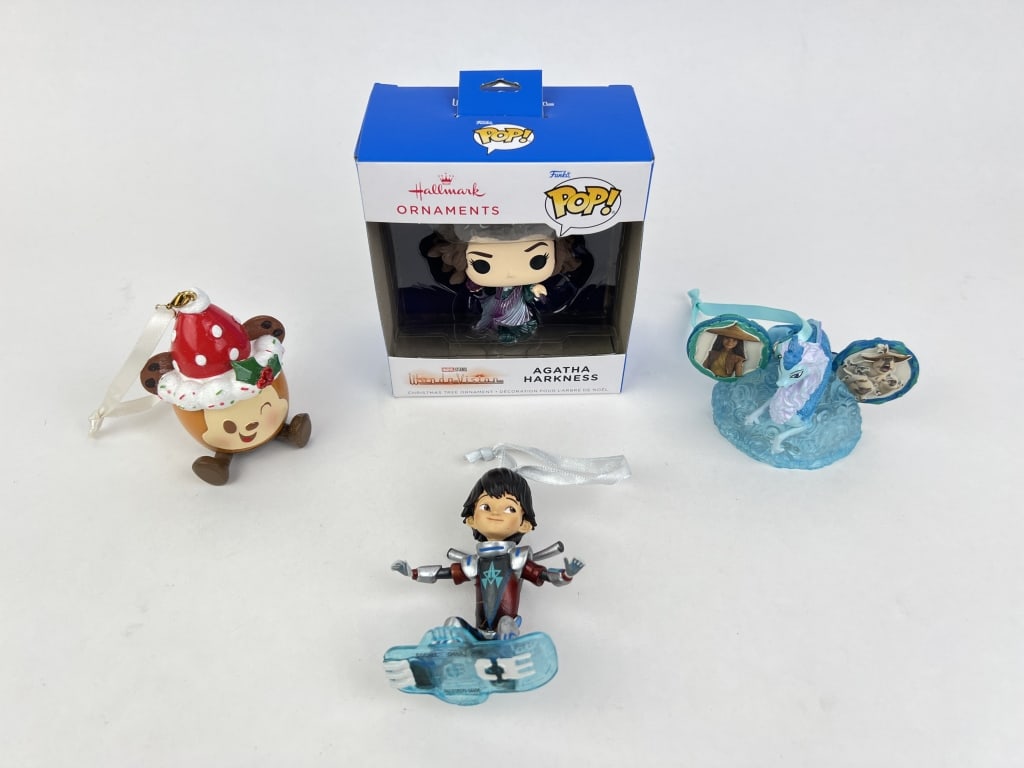 (4) Miles from Tomorrowland, Agatha, Raya and the Last Dragon, and Mickey Mouse ornaments: (4) Disney Ornaments including Hallmark Funko Pop Marvel Studios WandaVision Agatha Harkness ornament, Mickey Mouse Munchlings ornament, Raya and the Last Dragon Ear Hat ornament, and Miles from Tomor