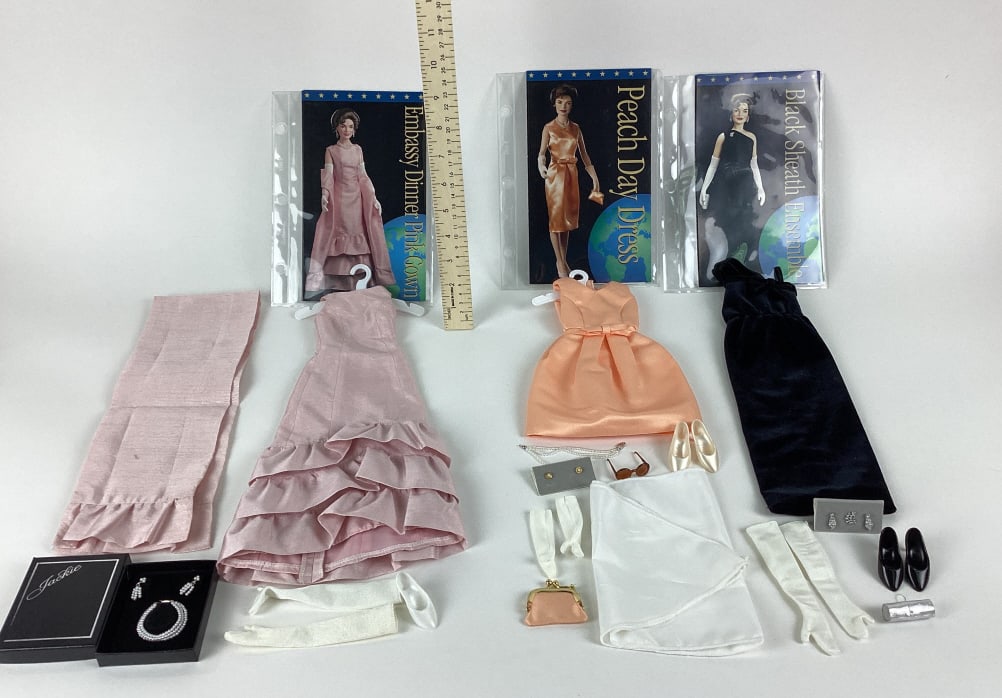 Franklin Mint Jackie Doll Clothes: Franklin Mint Jackie Doll Clothes Sets including India State Visit Peach Day Dress Ensemble , Black Sheath Ensemble, and Embassy Dinner Pink Gown.