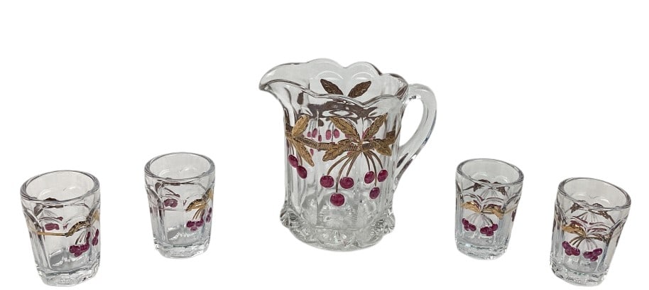 Mosser Miniature Water Set: Mosser Art Glass Cherry Thumbprint Miniature Water Set. Includes a miniature pitcher and 4 mini glasses