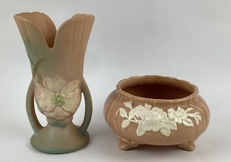 Weller "Wild Rose" Flared Vase and Cameo Footed Planter (1 of 9)