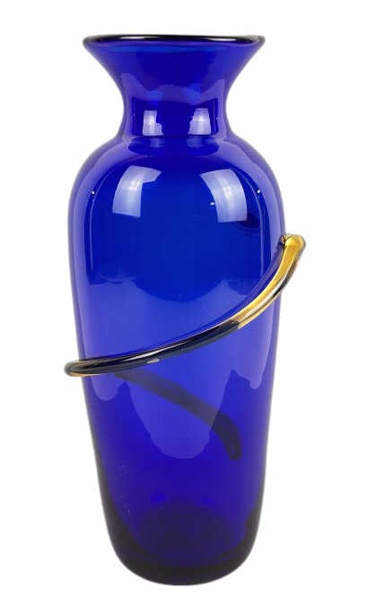 Blenko Cobalt Blue Vase: Blenko Cobalt Blue 12" Vase with Amber accent, manufacture label