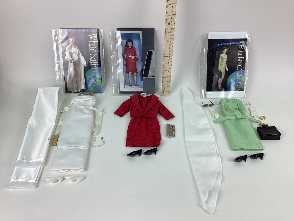 Franklin Mint Doll Jackie Doll Clothes: Franklin Mint Jackie Doll Clothes Sets including Christmas at the White House, Indian State Visit White Satin Gown Ensemble, and Palm Beach Vacation