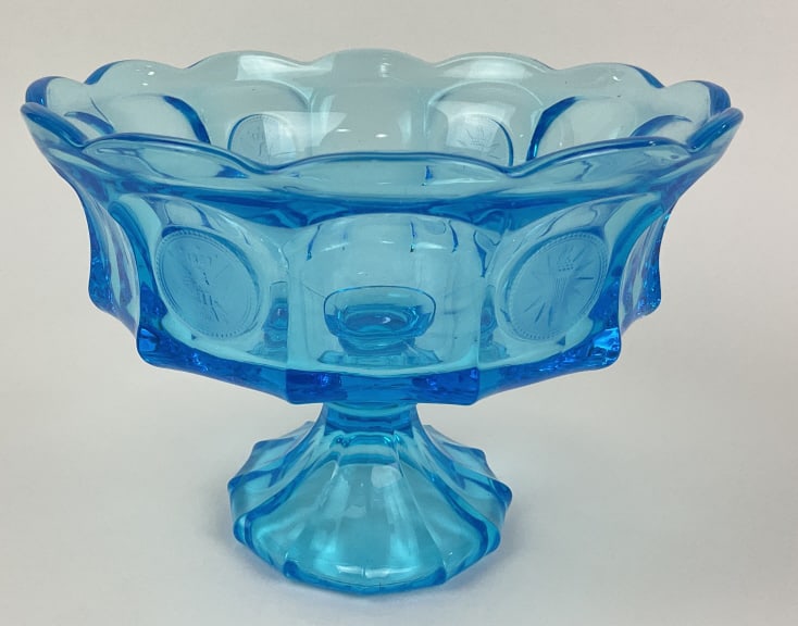 Fostoria Coin Dot Compote: Fostoria Coin Dot Compote in the color blue, measures approx. 6" tall and 8.5" across