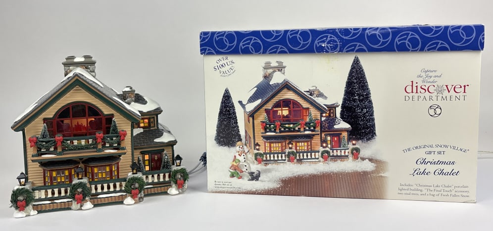 Discover Department 56 Snow Village Christmas Lake Chalet: Discover Department 56 The Original Snow Village Gift set Christmas Lake House Chalet in box. Missing (2) Sisal Trees, the "Final Touch" Accessory. Includes unopened bag of snow, works.