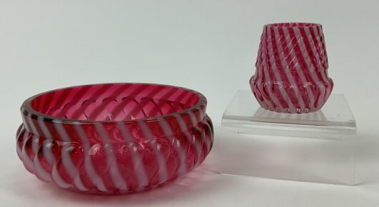 Northwood Chrysanthemum Swirl Cranberry Opalescent Glass Toothpick Holder and Berry Bowl (1 of 3)