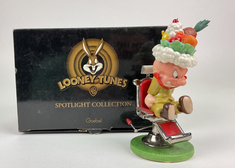 Goebel Looney Tunes Bad Hare Day Rabbit, Hare-Do and The Barbershop of Sevielle Figurines: Goebel Looney Tunes Bad Hare Day figurine featuring Elmer Fudd. 5.5" x 2.5". COA included, in original box. New in box, Goebel Looney Tunes Hare Do Rabbit of Seville Figurine featuring Buggs Bunny. 4.
