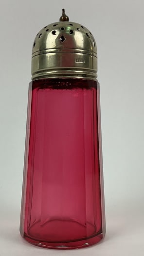 Edwardian Era Faceted Cranberry Glass Sugar Shaker (1 of 3)