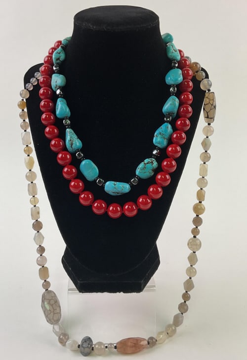 (3) Stone Bead Necklaces with Sterling Closures: (3) Stone Bead Necklaces with Sterling Closures marked 925, measurements include 32 1/2", 20" and 21"