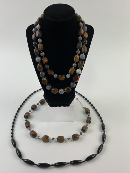 (3) Stone Necklaces with Sterling Closures: (3) Stone Necklaces with Sterling Closures marked 925, 19 1/2", 18 1/2" and Black Nate & Etan 36 1/2"