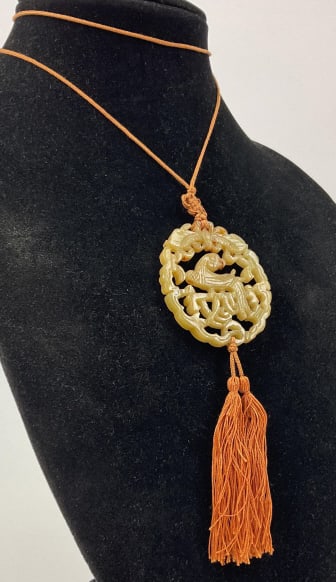 Antique Chinese Carved Jade Pendant-Parrot: Antique Chinese Carved Jade Pendant- Parrot. TW inclusive of all material: 17 grams. Approx. 19" long