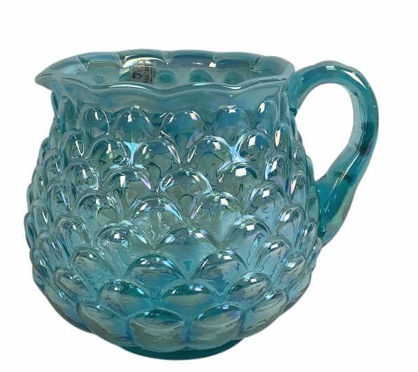 Fenton 5th Anniversary Jacqueline Pitcher: Fenton 5th Anniversary Signed family Iridescent Jacqueline Pitcher. Approx. 6" tall. 5" diameter.