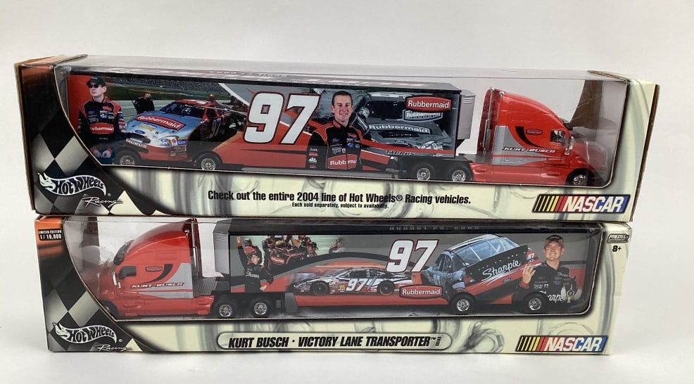 Hot Wheels Racing Kurt Busch Die-cast Victory Lane Transporter: 2003 Hot Wheels Racing Die Cast #97 Sharpie 500 "Winner" August 23, 2003 Nascar Kurt Busch Victory Lane Transporter Limited Edition 1/10,000 and 2003 Hot Wheels Racing Die-cast #97 Auto Club 500