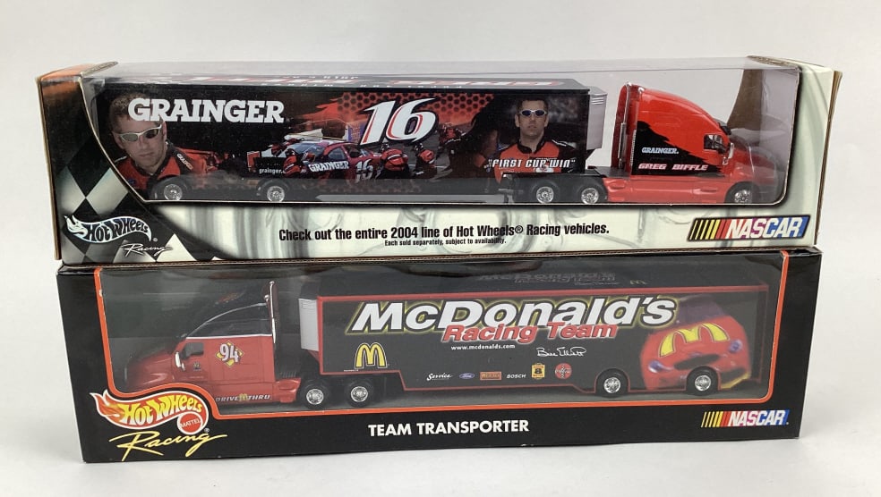 Hot Wheels Racing Diecast Greg Biffle Victory Lane Transporter and McDonald's Team Transporter: 2003 Hot Wheels Racing Die Cast Graninger #16 Pepsi 400 "Winner" July 5, 2003 Nascar Greg Biffle Victory Lane Transporter Limited Edition 1/10,000 and 1998 Hot Wheels Racing Die Cast McDonald's Racing