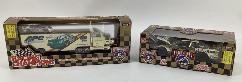 Racing Champions Diecast 1:64 #33 Ken Schrader and Racing Champions Diecast 1:24 #50 Ricky Craven: Racing Champions Die Cast 1:64 Scale Transporter with Stock Car Replica Nascar 50th Anniversary Nascar Gold Commemorative Series #33 Ken Schrader 1 of 1,500 and Racing Champions Die Cast 1:24 Scale