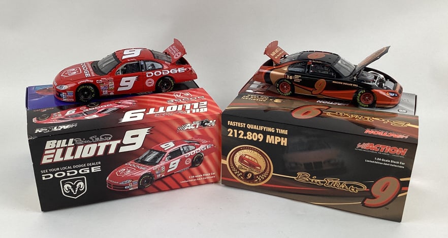 Action Racing Diecast 1:24 Scale Bill Elliott 2004 and 2002 Stock Cars: Action Racing Nascar Diecast 1:24 Scale 2002 Bill Elliott #9 Dodge 2002 Intrepid R/T Stock Car and Action Racing Nascar Diecast 1:24 Scale 2004 Bill Elliott #9 Milestones 2004 Intrepid Stock Car. Both