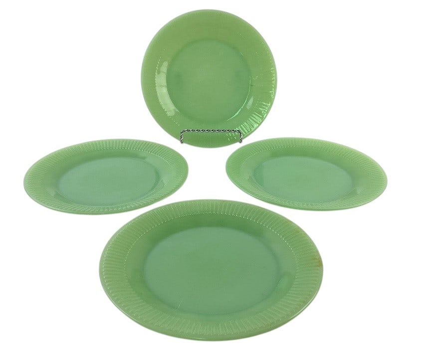(4) Fire King Jadeite Jane Ray Plates: (4) Fire King Jadeite Jane Ray plates with an approx. 8" diameter