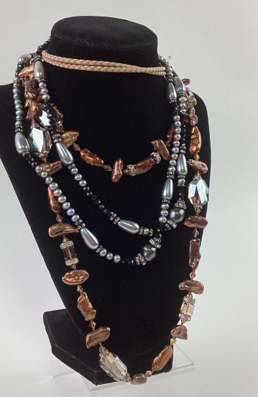 (3) Necklaces with Sterling Closures - Pearl, AB Crystal, Rhinestone, Lether: (3) Necklaces with Sterling Closures - Pearl, AB Crystal, Rhinestone, Leather, marked 925, 21 1/2", 40" and 18" new with tags