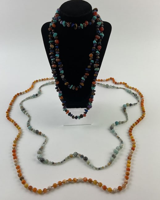 (3) Stone Bead Necklaces: (3) Stone Bead Necklaces, Turquoise, Amethyst, Agate, and Lapis, Lengths include 25 1/2", 30" and 30"