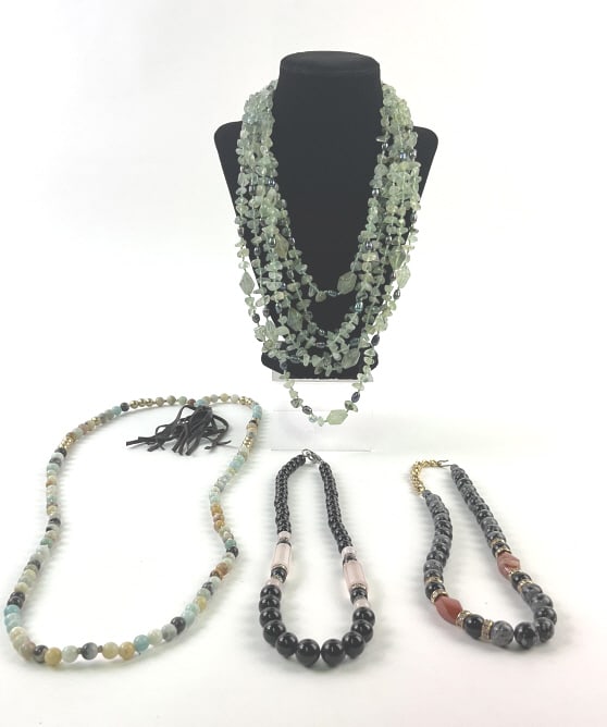 (4) Stone Necklaces: (4) Stone Necklaces, lengths include 23", 18 1/2", 20" and 24". Green necklaces has some dings on closure