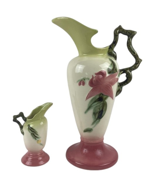 (2) Hull Pottery Woodland Ewer Vases: (2) Hull Pottery Woodland Ewer Vases one measuring approx. 14" tall from highest point and the other measuring approx. 6" tall. Both marked on the bottom, one marked HullW24-13" and the other marked H