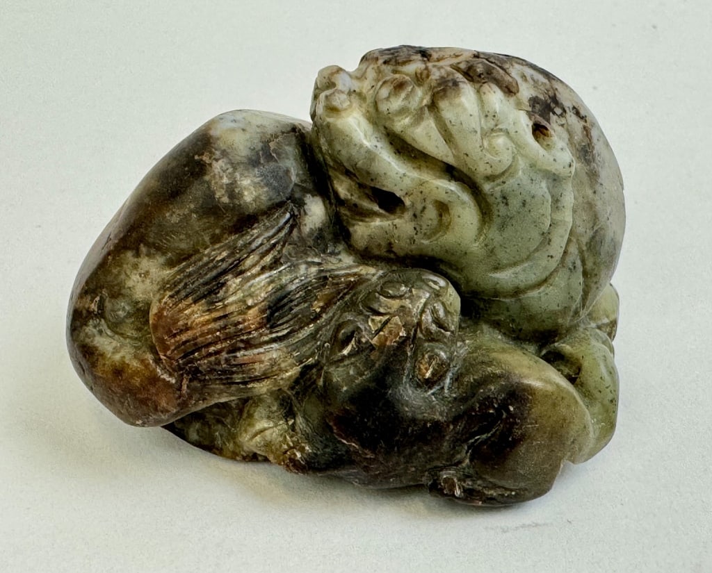 Antique Chinese Celadon and Rosset Jade Qilin Mythical Beast Carving (1 of 10)