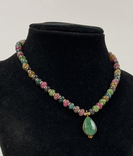 YS India Brass and Semi-Precious Stone Necklace: YS India Brass and Semi-Precious Stone Necklace: Jade and Tourmaline. Measures approx. 9.5" while clasps