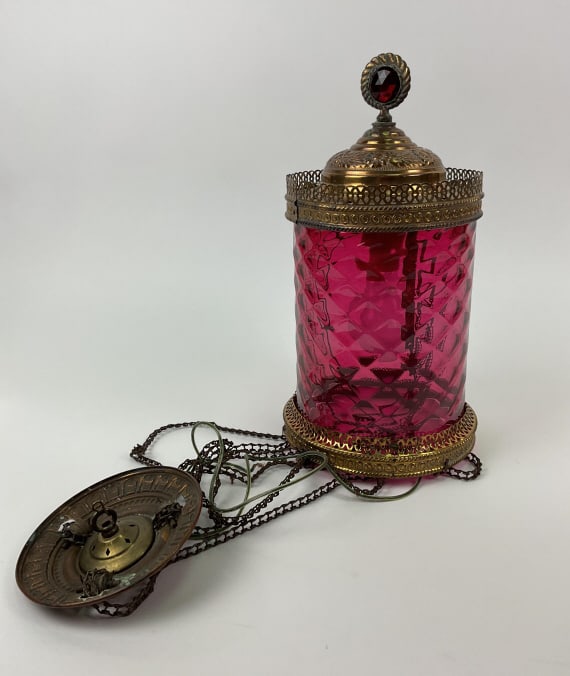 Victorian Aesthetic Movement Cranberry Glass Pendant Hall Light: Victorian Aesthetic Movement Cranberry Glass Pendant Hall Light, 19th Century . Electrified