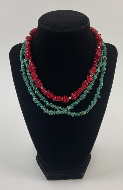 (2) Necklaces, Coral and Turquoise, with Sterling Closurers: (2) Necklaces, Coral and Turquoise, with Sterling Closures, measurements include 18 1/2" and 18"