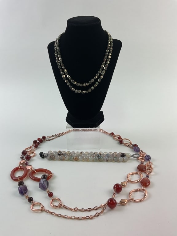 (4) Stone Necklaces and Bracelet: (4) Stone Necklaces and Bracelet - Pyrite, Amethyst, Carnelian, Agate. Measurements include 37", 8", 38" new with tag, 36 1/2"