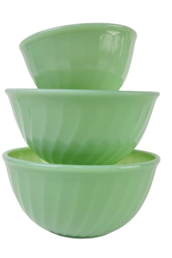 Fire King Oven Ware Jadeite Mixing Bowls: Fire King Oven Ware Jadeite Mixing Bowls, Swirl pattern, 3 bowls - 9", 8" and 6"