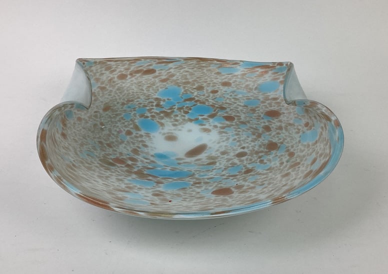 Mid Century Murano Art Glass Folded Bowl: Mid Century Murano Art Glass Folded Bowl with Aventurine Spatter Decoration. Made in Italy imported by Norleans. Approx. 13.5" across and approx. 3.5" tall.