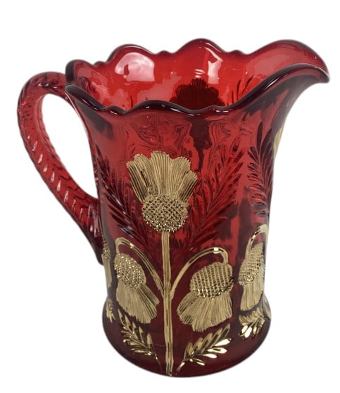 Mosser Ruby Red Inverted Thistle Pitcher: Mosser Ruby Red and Gold Inverted Thistle Pitcher. Approx. 7" tall. Approx. 5" diameter.