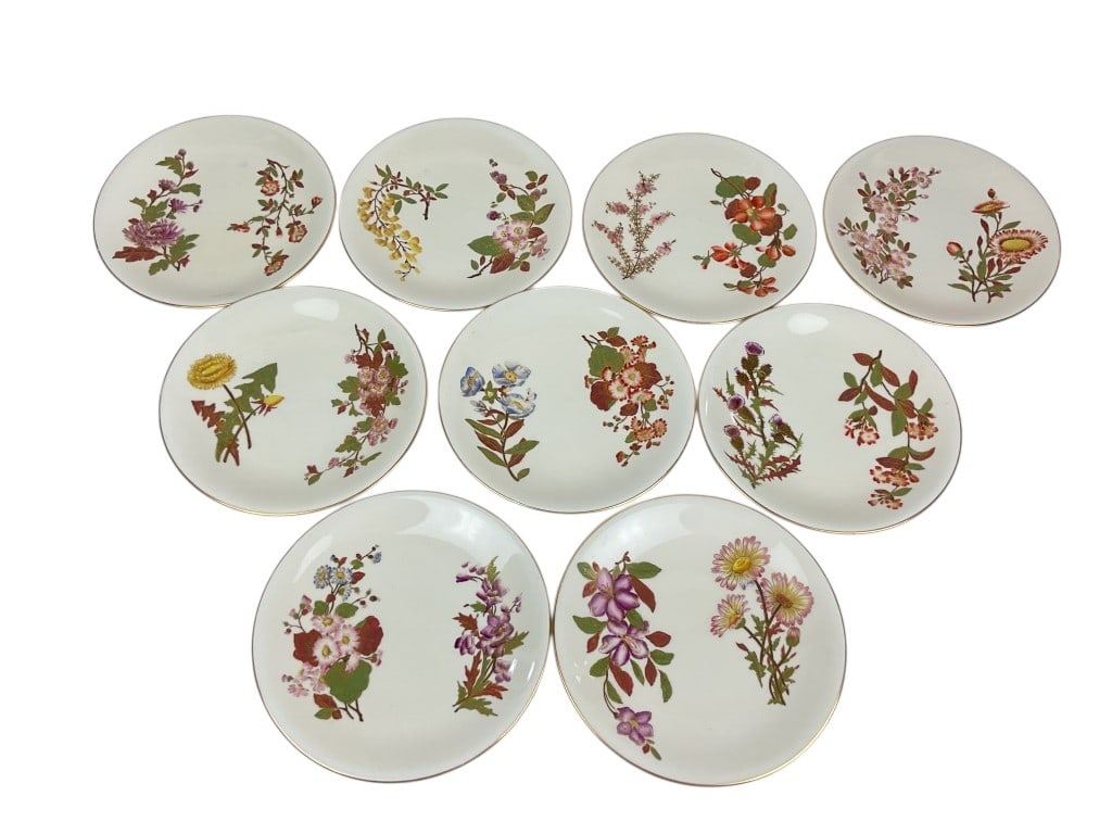 (9) Victorian Era Royal Worchester Hand Painted Botanical Plates: (9) Victorian Era Royal Worchester Hand Painted Botanical Plates, c. 1880s Retailed by Phillips of London. Diameter of approx. 9"