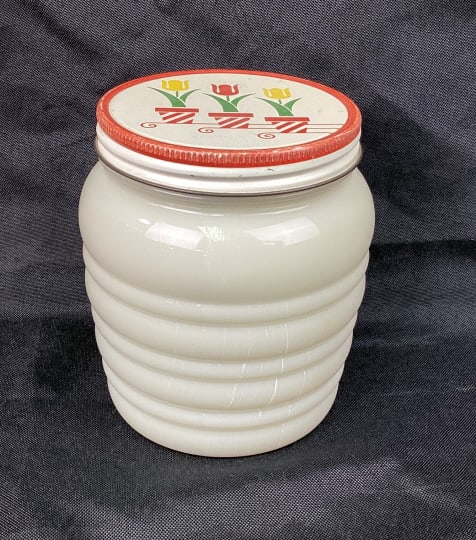Anchor Hocking Opaque Glass Jar: Achor Hocking Opaque Glass Jar with Metal Tulip Lid. Approx, 4.5" tall and has a diameter of approx. 3".