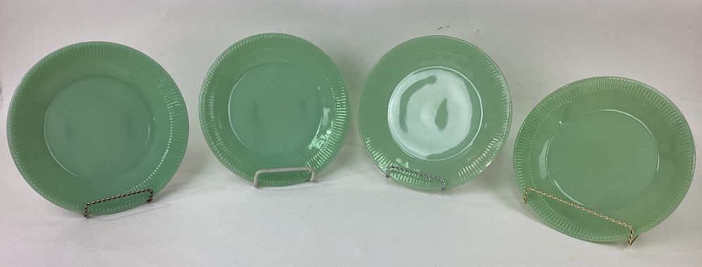 (4) Fire King Jadeite Jane Ray Dinner Plates: (4) Fire King Jadeite Jane Ray Dinner Plates. Diameter is approx. 9".