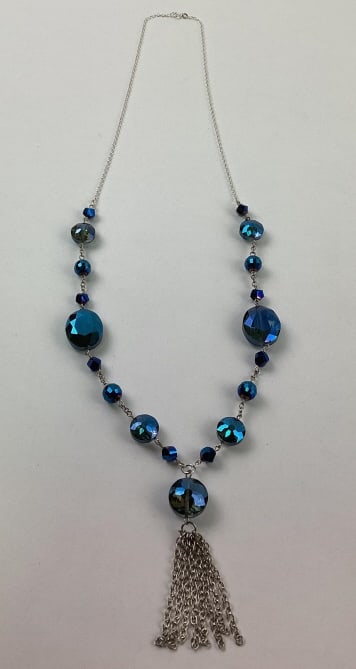 Sterling and Blue AB Crystal Necklace: Sterling and Blue AB Crystal Necklace, marked 925, 31"