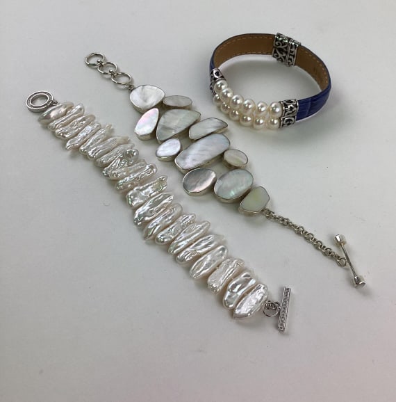 (3) Pearl / MOP and Sterling Bracelets: (3) Pearl / MOP and Sterling Bracelets, marked 925, 8", 8", leather 7 3/4"
