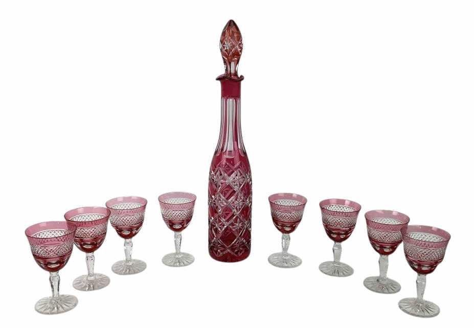 Victorian Era Bohemian Cranberry Cut to Clear Glass Decanter and Stems (1 of 11)