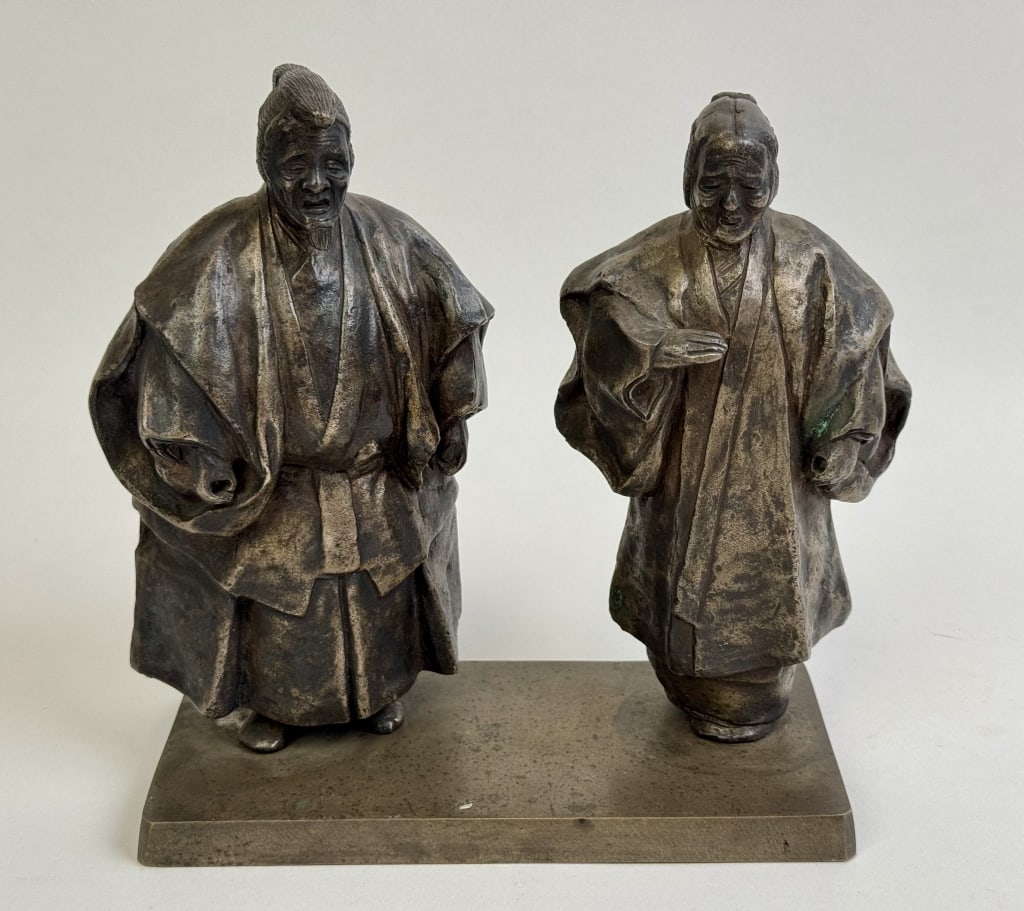 Antique Japanese Noh Takasago Couple Bronze Figural Pair: Antique Japanese Noh Takasago Couple Bronze Figural pair. Signed. Approx. 7" long and 7.5" tall.