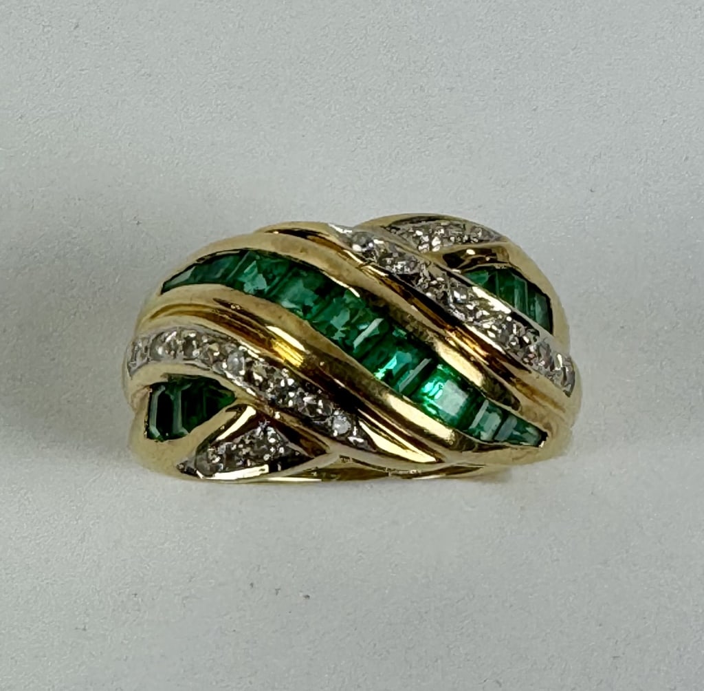 14K Gold Ring featuring Green and Clear Gemstones: TW: 5.49 grams. 14K Gold ring featuring square-cut green gemstones and tiny clear gemstones. Size 6.