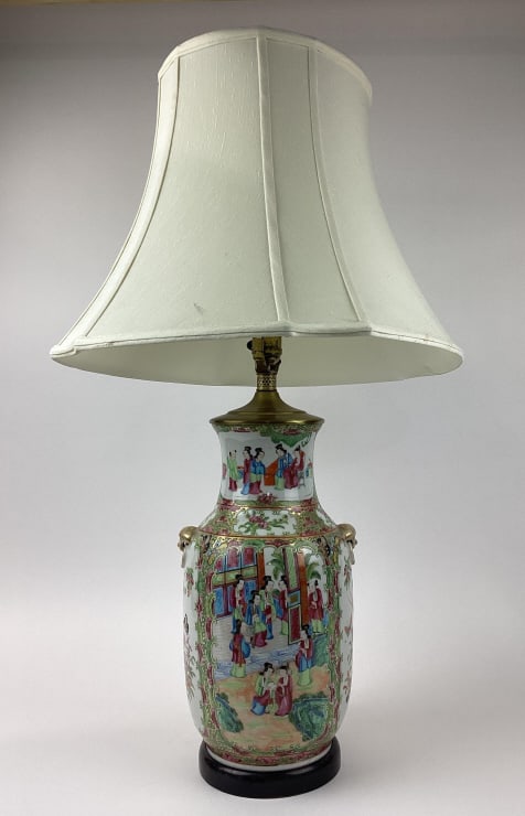 Antique Chinese Famille Rose Mandarin Canton Export Porcelain Vase Mounted as a table lamp: Antique Chinese Famille Rose Mandarin Canton Export Porcelain Vase, Qing Dynasty, 19th Century, mounted as a table lamp. Approx. 32.5" tall with lamp shade