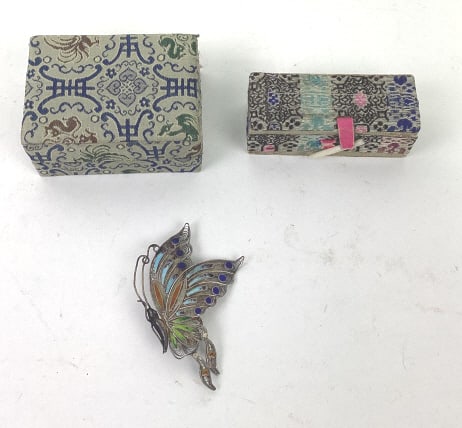 Chinese Export Sterling Enameled Filigree Butterfly Pin: Chinese export sterling enameled filigree butterfly pin 7.84 grams together with (2) Chinese Boxes
