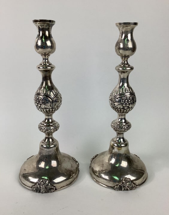 Pair of Russian Empire Polish 84 Zolotnik Silver Jewish Shabbat Candlesticks: Pair of Russian Empire Polish 84 Zolotnik (.875) silver Jewish Shabbat candlesticks, Josef Sosnkowski, Warsaw, circa 1879. 846 Grams, Judaica. Approx. 13.5" tall