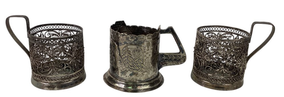 (3) Antique Russian Silver Plate Tea Glass Holders: (3) Antique Russian Silver Plate Tea Glass Holders approx. 3" tall and 2.5" diameter.