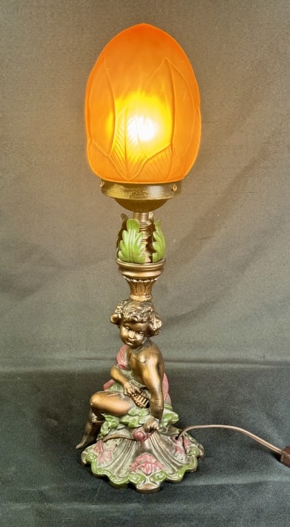 RMR Art Nouveau Revival (late 20c) Painted Cast Iron Baluster Style Table Lamp: RMR Art Nouveau Revival (late 20c) Painted Cast Iron Baluster Style Table Lamp with Pink Glass Shade. Approx. 18.5" tall