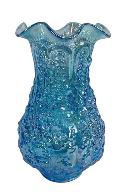 Fenton Poppy Show Vase: Fenton Blue Teal Iridescent Poppy Show Vase 95th anniversary. 12.5" Tall, 2 1/4" wide.