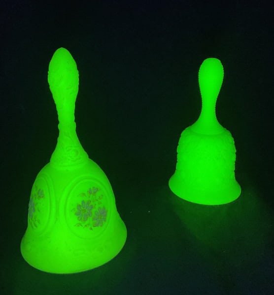(2) Fenton Uranium Custard Glass Bells: (2) Fenton Uranium Custard Glass bells, one with coralene decoration. One is approx. 5.5" tall, the other is approx. 6.5" tall.