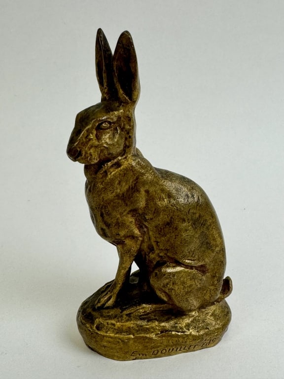 Edmond Clovis Masson 19th Century Rabbit Figurine: Edmond Clovis Masson 19th Century gilt bronze animalier figure of a rabbit. Artist signature and foundry mark Em Douillet Ed. Measures approx 4.5" tall.